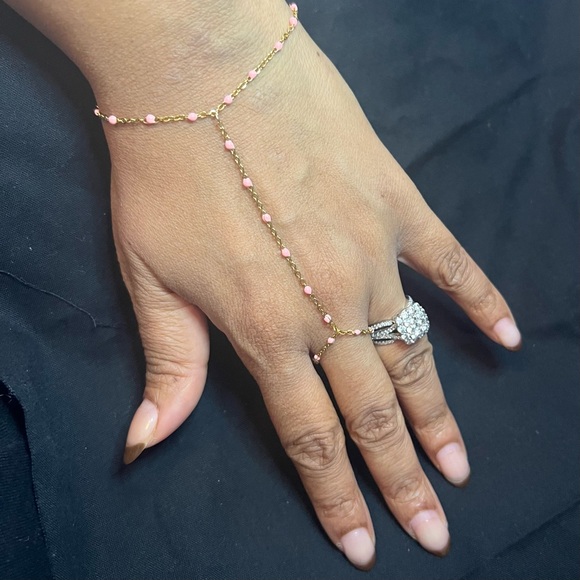 Handcrafted Pink Enamel Bead 18k Gold Handchain - Picture 2 of 3